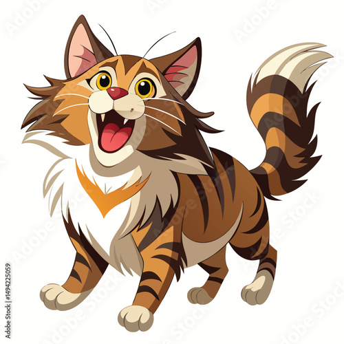 A happy tabby kitten with its mouth open and paws in the air appears to be leaping a white background