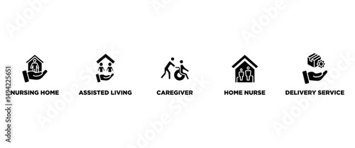 Elderly care banner web icon vector illustration concept for elder people support with an icon of caregiver, nursing home, assisted living, home nurse and delivery service