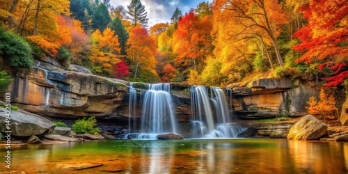 Vibrant orange and yellow hues of autumn foliage surrounding a serene waterfall cascading into the crystal-clear waters of Red River Gorge , colorful autumn, geological formations