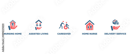 Elderly care banner web icon vector illustration concept for elder people support with an icon of caregiver, nursing home, assisted living, home nurse and delivery service