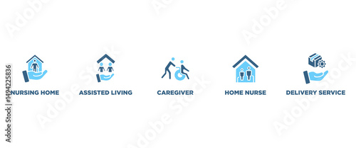 Elderly care banner web icon vector illustration concept for elder people support with an icon of caregiver, nursing home, assisted living, home nurse and delivery service