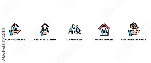 Elderly care banner web icon vector illustration concept for elder people support with an icon of caregiver, nursing home, assisted living, home nurse and delivery service