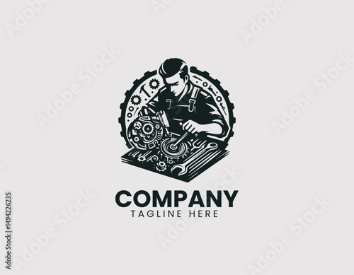 Focused Mechanic Carefully Working on Intricate Machine Mechanism Vector Logo Design