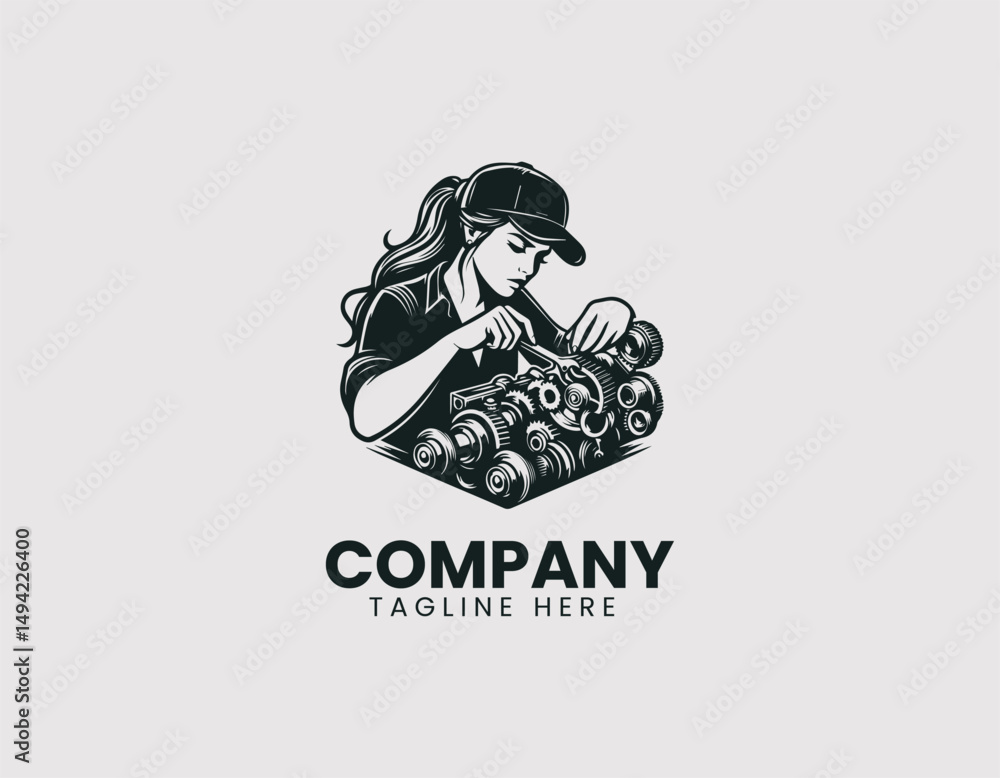 Obraz premium Focused Mechanic Carefully Working on Intricate Machine Mechanism Vector Logo Design