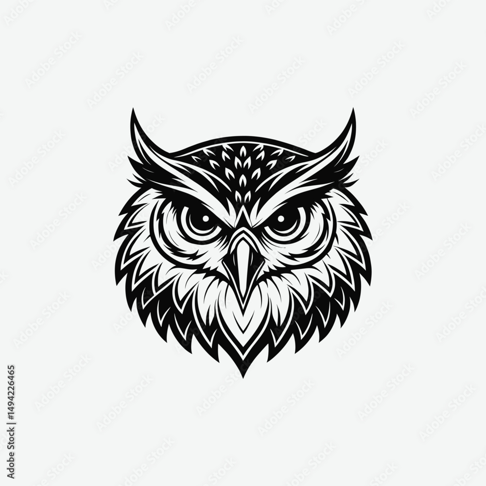 Fototapeta premium Owl Vector Silhouette – Black and White Minimalist Owl Clipart | Wildlife Bird Illustration for Logos, Stickers & T-Shirt Design
