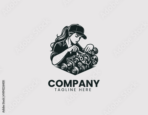 Focused Mechanic Carefully Working on Intricate Machine Mechanism Vector Logo Design
