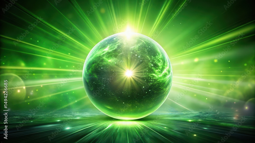 Fototapeta premium Glowing rays emanating from a vibrant green orb against a deep, rich background