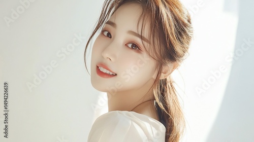 Portrait of radiant young woman with clear skin and gentle smile posing in natural light studio, demonstrating korean beauty standards