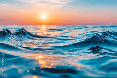Ocean wave surface at sunset with orange light reflecting on water, Nature and Outdoor Bokeh Concept