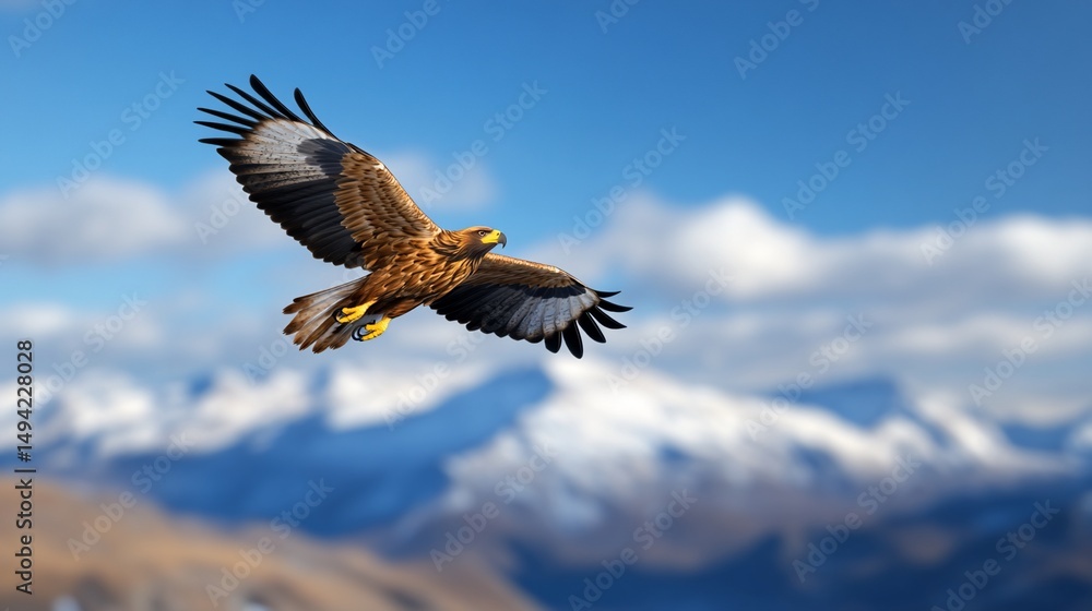 Obraz premium Majestic eagle soaring with open wings against snowy mountains, blue sky
