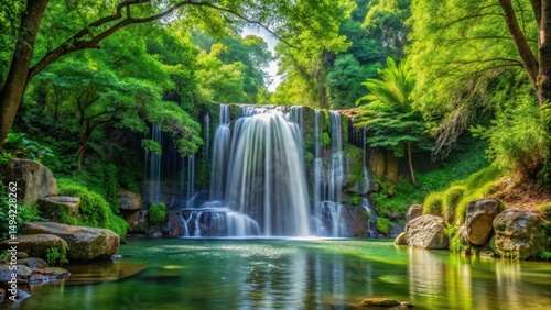 Serene waterfall in a park surrounded by lush greenery and towering trees , park landscape, wilderness landscape