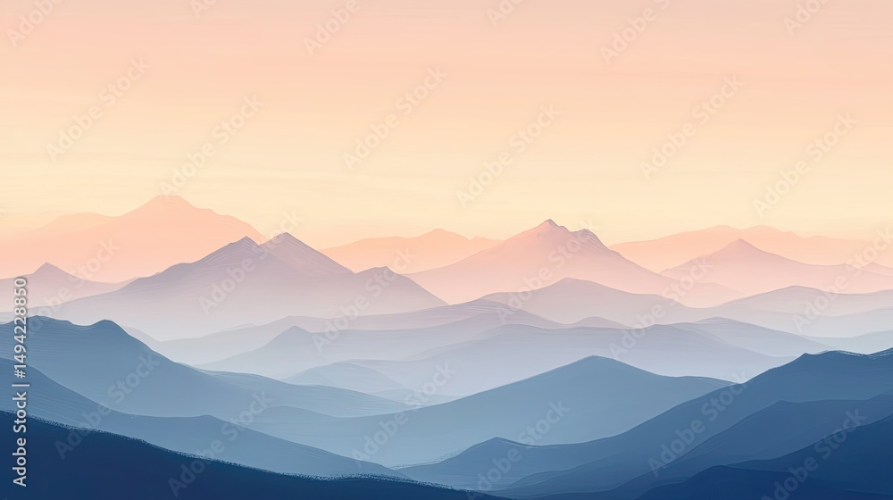 Obraz premium Serene Dawn Over Rolling Hills and Mountain Ranges with Soft Pastel Colors Illuminating the Sky Above in a Peaceful Landscape