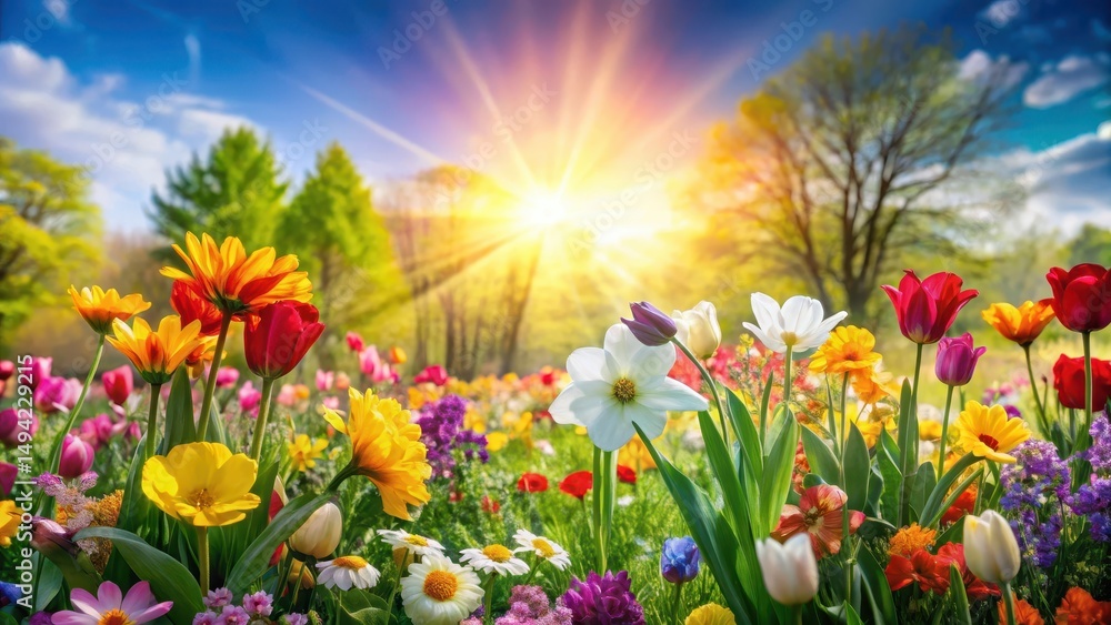 Fototapeta premium Vibrant earthy tones landscape with blooming flowers and sunshine brightening the scene, sunny day, springtime colors