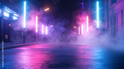 Neon-lit street scene with vibrant colors  fog  and glowing light columns