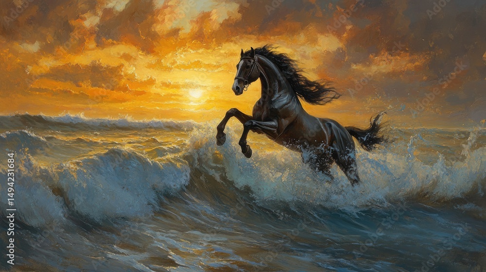 Obraz premium Majestic Black Horse Leaping Through Foamy Waves Against a Dramatic Sunset Sky with Clouds and Vibrant Hues in a Sea Landscape Scene