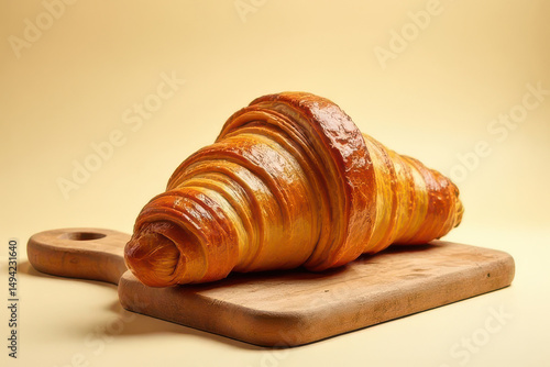 Delicious French Croissant on Wooden Cutting Board: Clean Food Photography with Cream Background and Window Backlight