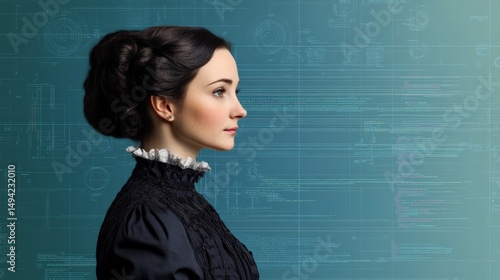 Woman with Historic Flair and Programming Background, Capturing the Legacy of Ada Lovelace in a Digital Realm