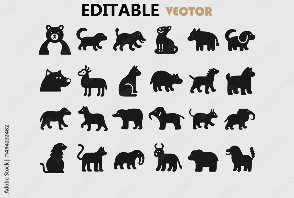 Obraz premium Collection of simple black animal icons editable vector illustration