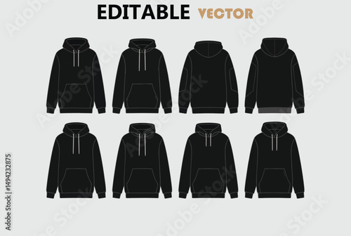 Eight black hoodies vector templates front and back views for apparel design