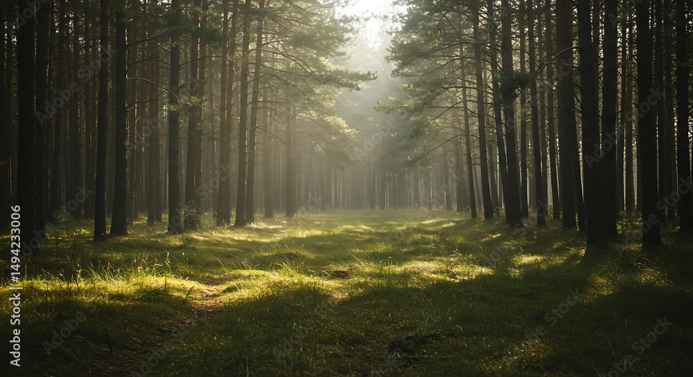 Obraz premium Sunlight Streaming Through Tall Trees in Forest Landscape