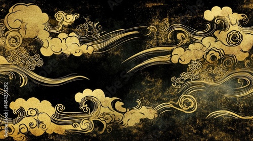 Ornate gold clouds and waves pattern on a dark background.