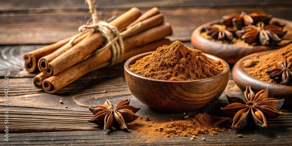 Chinese five spice powder spices on rustic wooden background with cinnamon sticks and cloves , powder Chinese five spice powder spices on rustic wooden background with cinnamon sticks and cloves , powder