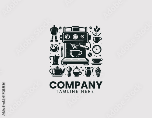 Professional Espresso Coffee Maker Machine Illustration Vector Logo Design, Commercial Espresso Machine Detailed Vector Logo