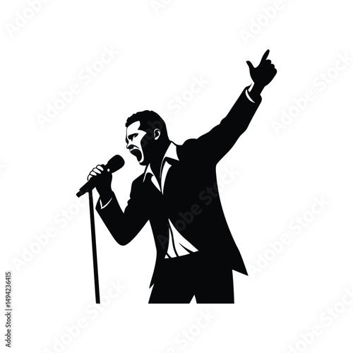 Silhouette illustration of a man singing passionately into a microphone with dramatic gesture