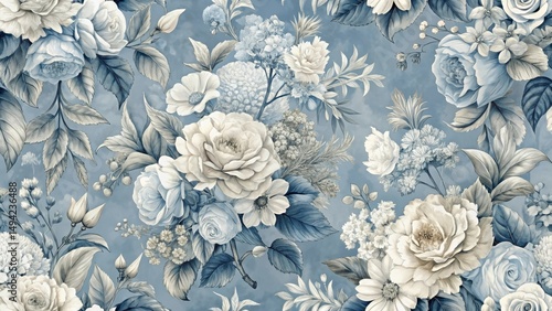 Classic French toile de Jouy blue floral pattern with elegant white roses, hydrangeas and daisies on a soft, muted background