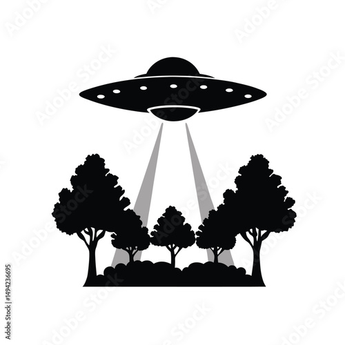 Silhouette illustration of a ufo hovering over a forest landscape with beams of light