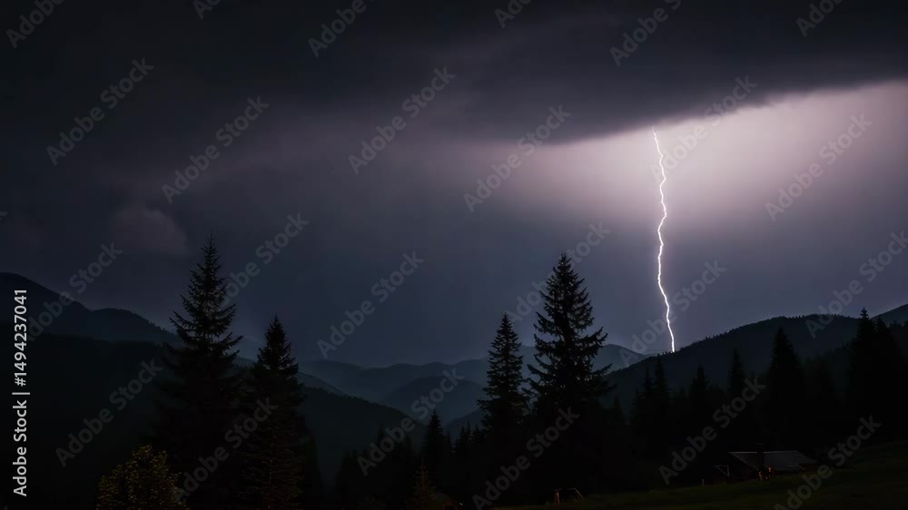 4k video, Lightning storm in the night sky at mountain, , Multiple lightnings and thunders illuminate night sky and hills,