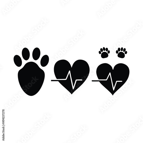 Veterinary care concept with paw prints hearts and ekg lines for animal health