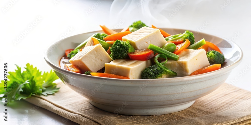 A steaming bowl of tofu with boiled vegetables in a simple white background, Asian food, tofu, Asian food A steaming bowl of tofu with boiled vegetables in a simple white background, Asian food, tofu, Asian food