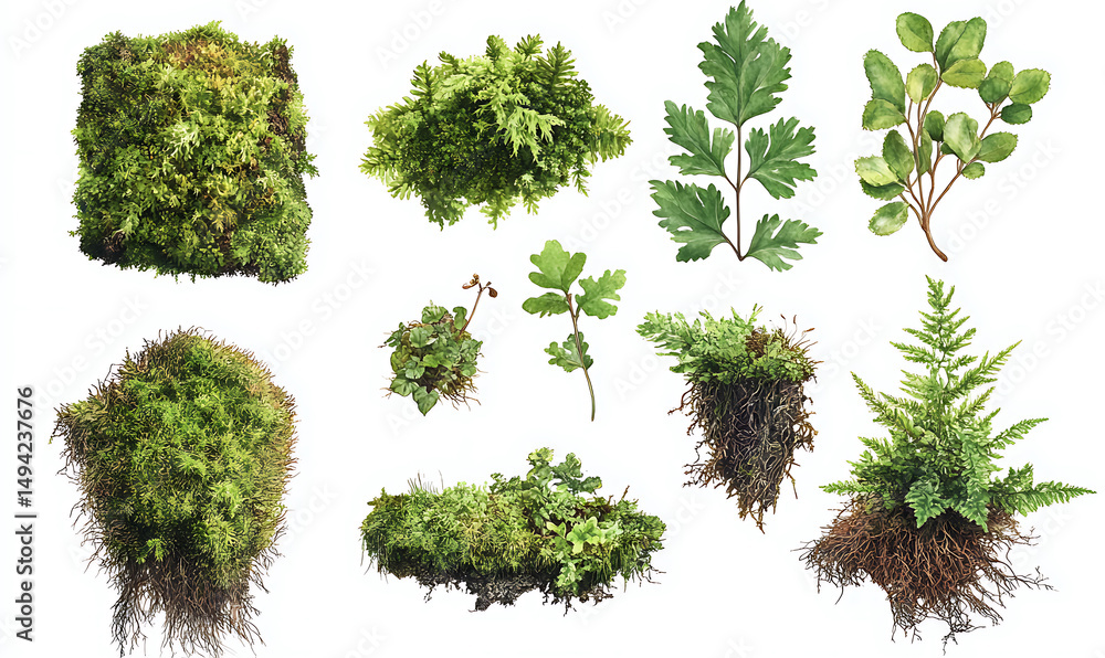 Fototapeta premium Highly detailed illustrations of various trees, leaves, grasses, and botanical elements, featuring realistic, minimalist, and abstract compositions on a white background.