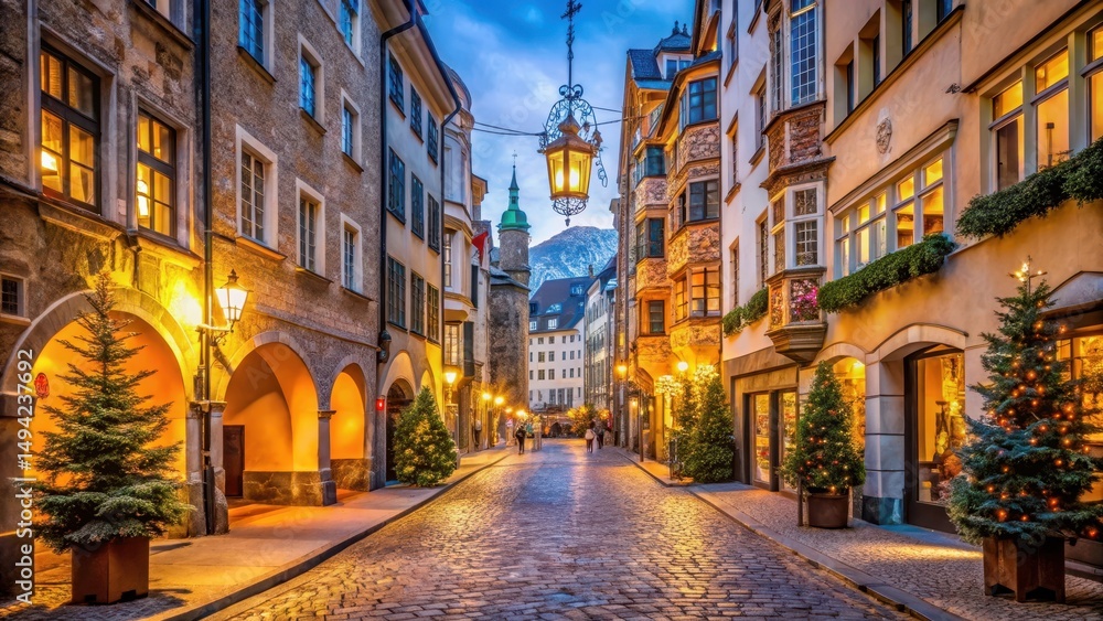 Fototapeta premium Narrow cobblestone streets lined with historic buildings and Christmas lights in Innsbruck's old town at night, Christmas Lights, Innsbruck Old Town