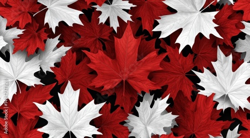 A dense pattern of red and white maple leaves on a black background; some leaves are shadowed, creating depth
