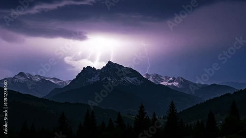 4k video, Multiple lightnings and thunders illuminate night sky and hills, Lightning storm in the night sky at mountain