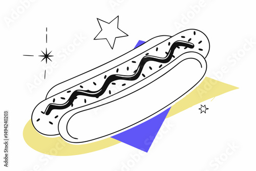 Classic American Hot Dog Fast Food Illustration with Stars and Stripes for Festive Vibes