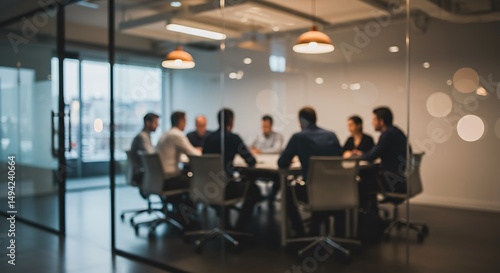 Blurred office meeting depicting collaborative business discussion and strategic planning concepts