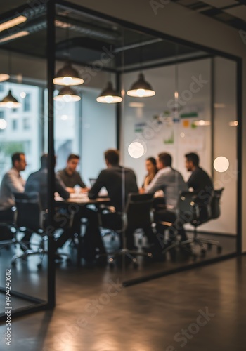 Blurred view of business professionals collaborating during a meeting in modern office