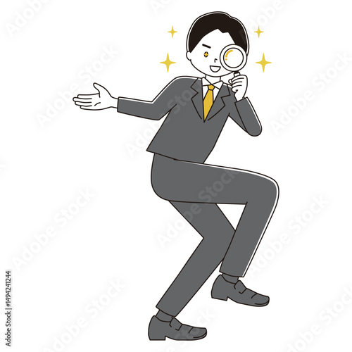 虫眼鏡を覗き込むスーツ姿の男性の全身イラスト　キラキラ