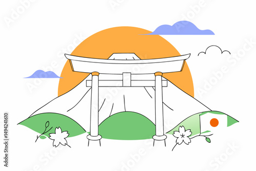 national day  torii gate  mount fuji  cherry bloss