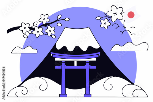 national day  torii gate  mount fuji  cherry bloss 