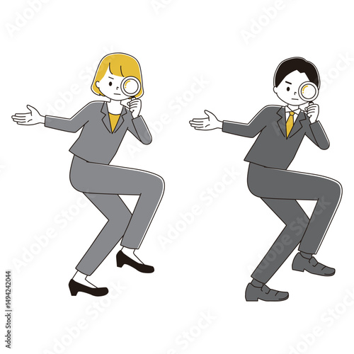 虫眼鏡を覗き込むスーツ姿の女性と男性の全身イラストセット　真顔