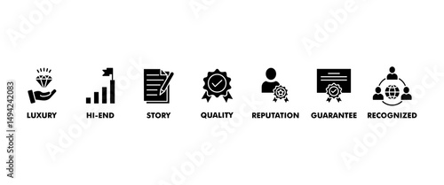 Super brand banner web icon vector illustration concept with icon of luxury, hi-end, story, reputation, quality, guarantee, recognized, limited and loyalty