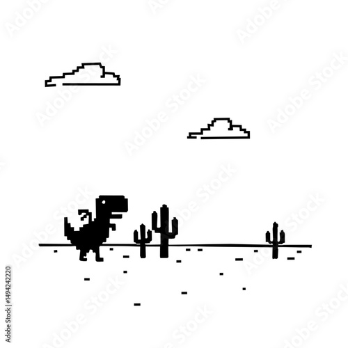A pixel art depiction of a T-Rex wandering through a desert landscape dotted with cacti, under a sky with simple clouds.