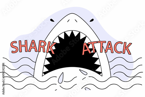 Powerful shark attack artwork showcasing a large open shark mouth paired with energetic red splash graphics creating a thrilling and impactful visual statement