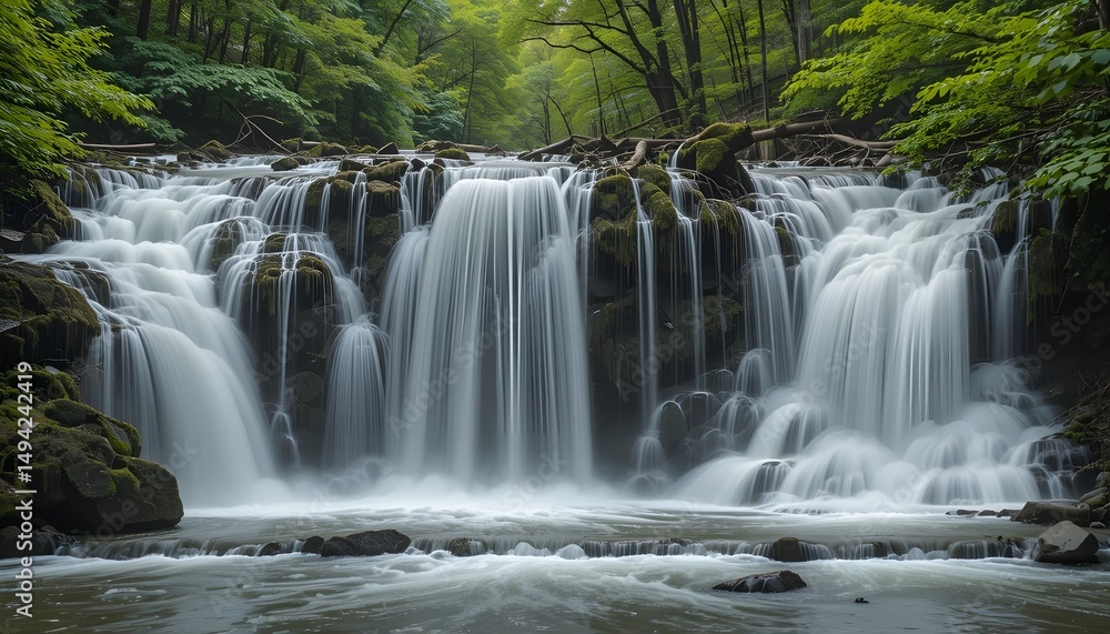 Fototapeta premium Waterfall in Forest with Trees in Background and Branches Stretching Across the River