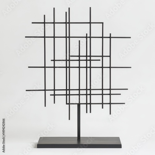 Abstract metal sculpture featuring a black, geometric, intersecting-line design on a square base