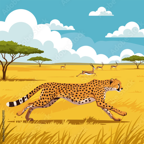 Cheetah Running Across the African Savanna Chasing Gazelles Illustration